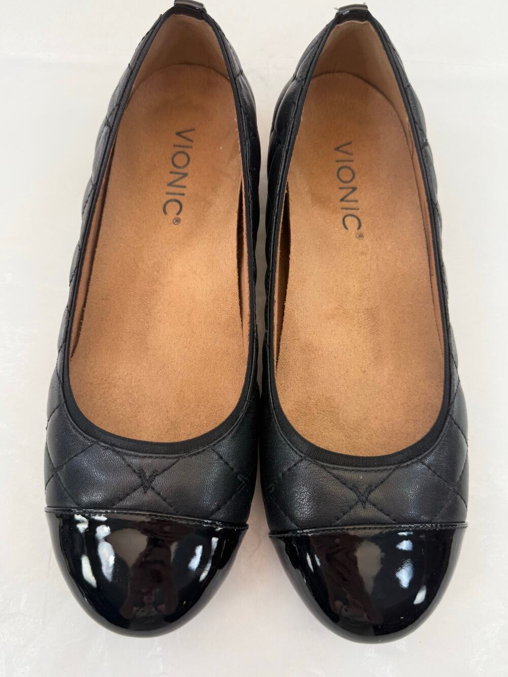 Vionic Desiree Black Quilted Ballet Flats Patent Cap Toe Comfort Shoes Size 6.5
